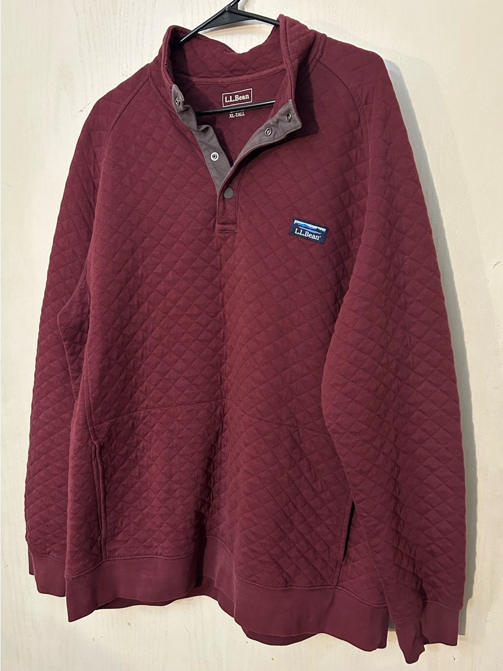 L.L.Bean Men’s XL Tall Quilted Pullover Burgundy Snap Neck Traditional Fit